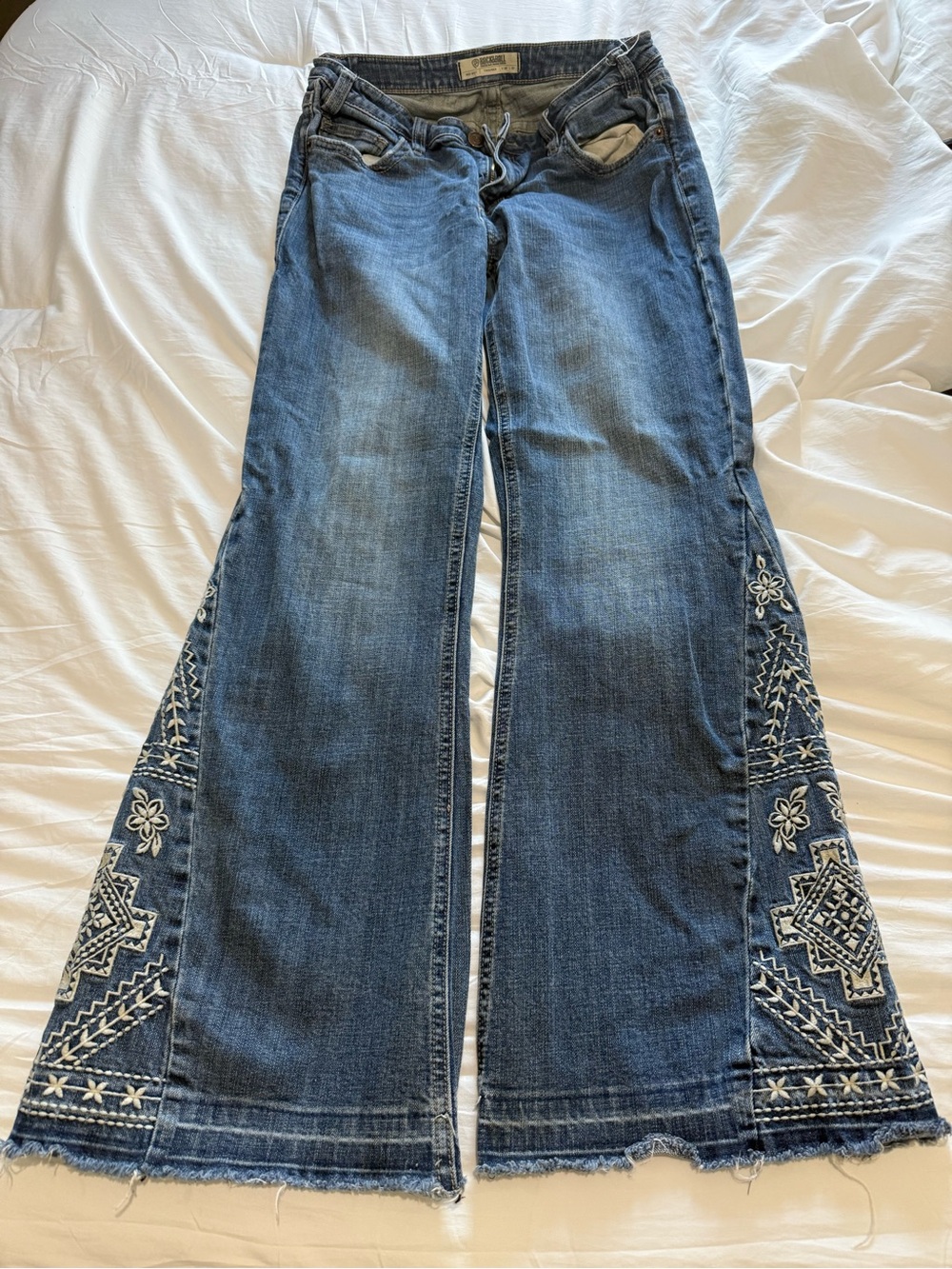 Embroidered Blue Flare Jeans - Women's Wide Leg
